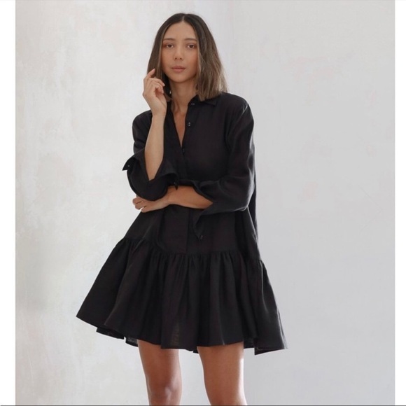 Morton Mac Black Linen Pleated Peplum Lotte Long Sleeve Shirt Dress OS - Picture 15 of 16